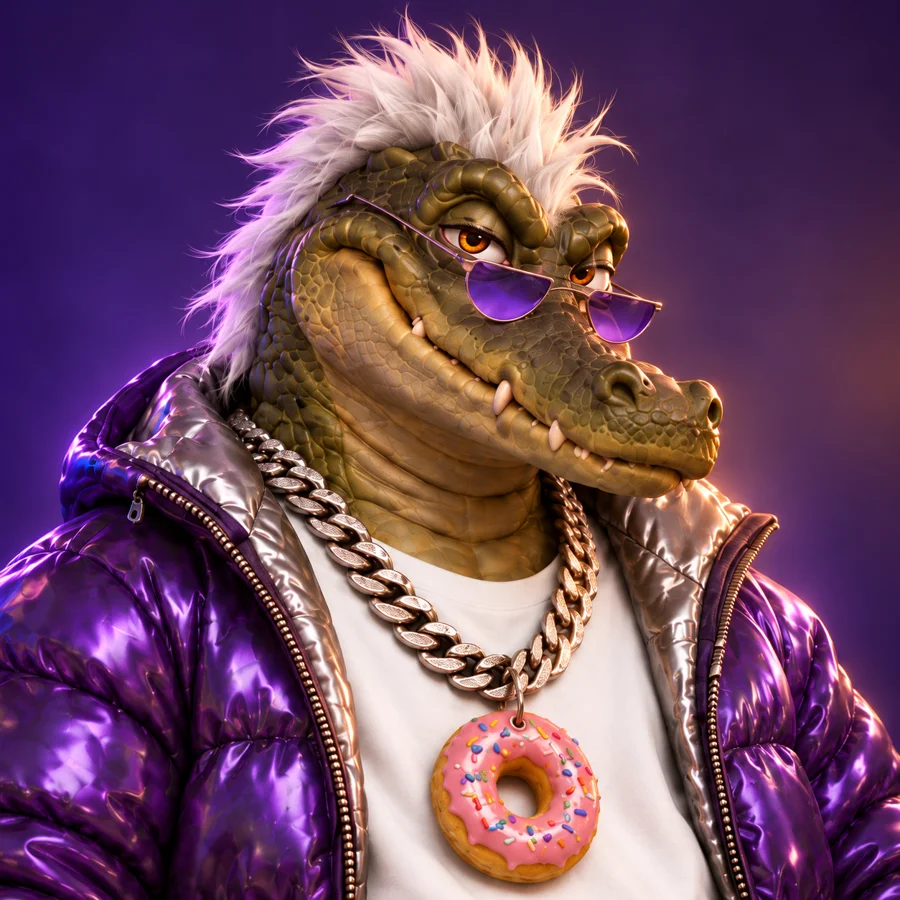 Salazar Jacuzzi, an alligator DJ in a purple jacket with a donut pendant
